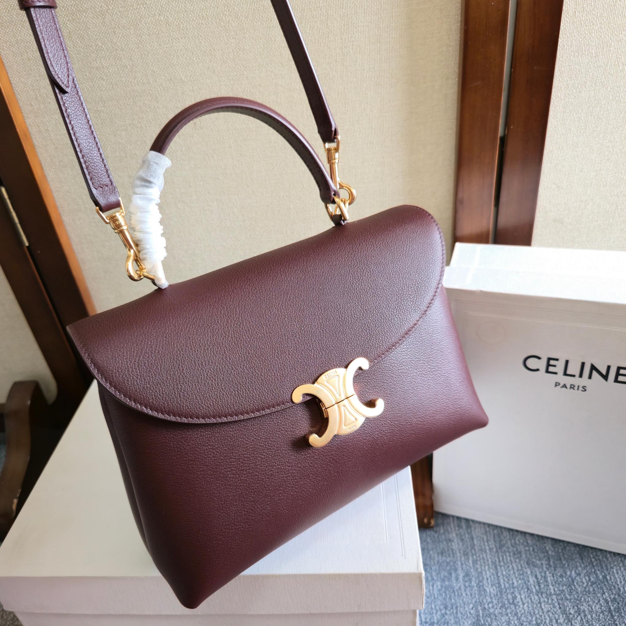 CELINE 25S MEDIUM NINO BAG 25MM IN SYRAH RED CALFSKIN GOLD HARDWARE