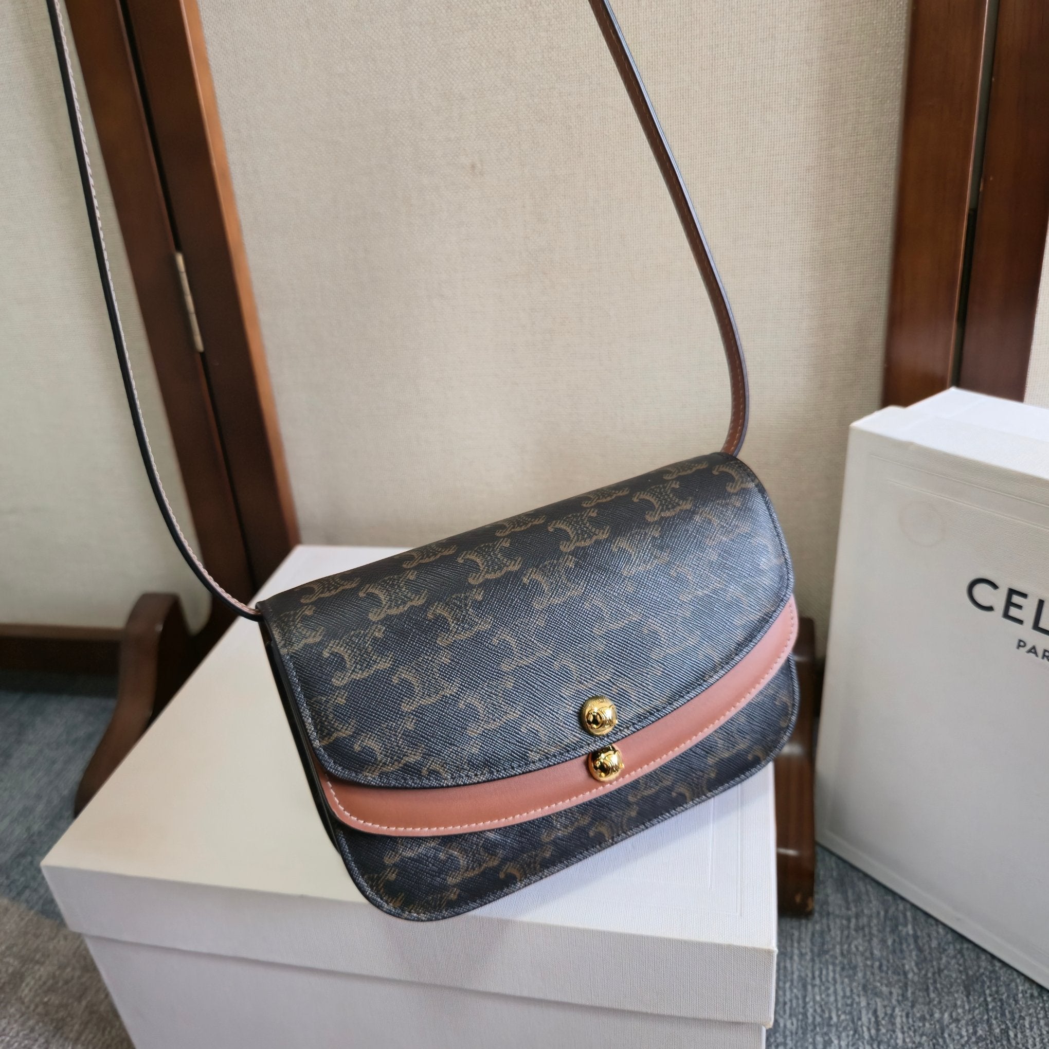 CELINE 25S DUO WALLET ON STRAP 20MM IN TRIOMPHE CANVAS AND CALFSKIN