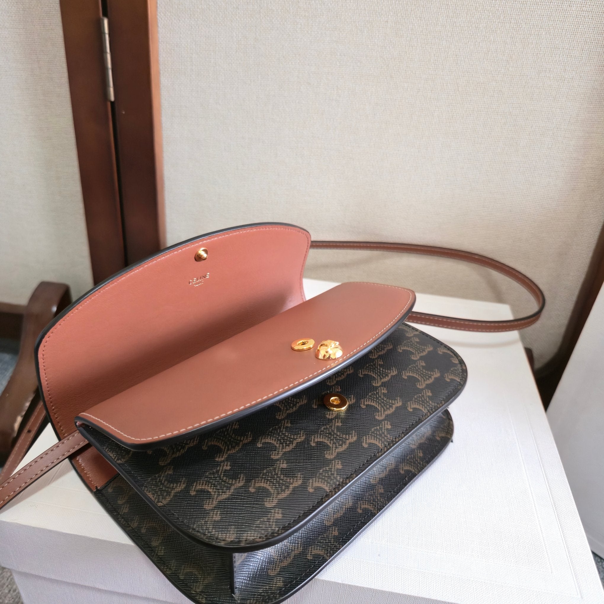 CELINE 25S DUO WALLET ON STRAP 20MM IN TRIOMPHE CANVAS AND CALFSKIN