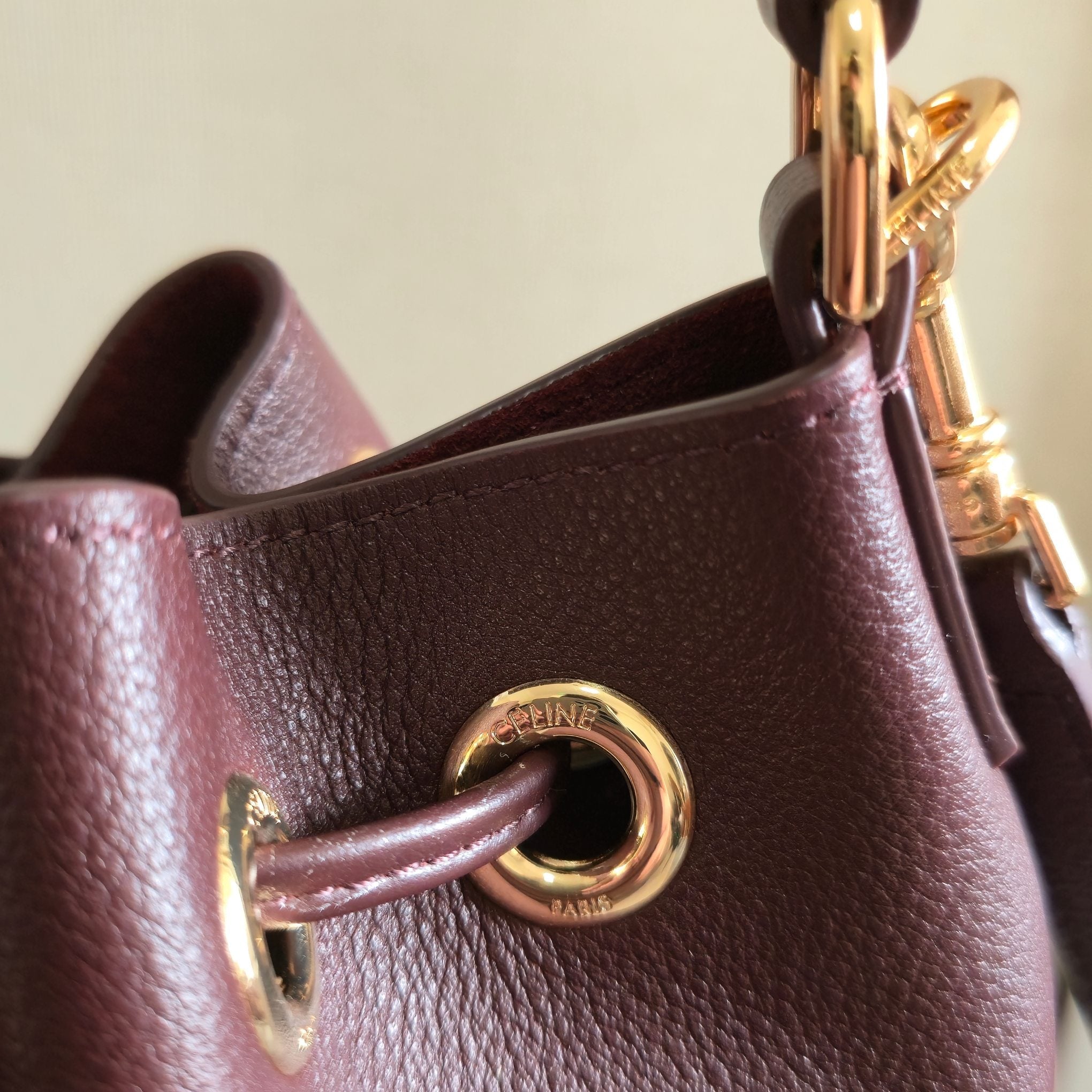 CELINE 25S CLARA BAG 19 IN SYRAH RED CALFSKIN GOLD HARDWARE