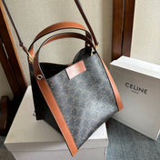 CELINE 25S CUBE BAG 18MM IN BLACK TRIOMPHE CANVAS AND DARK BORWN CALFSKIN