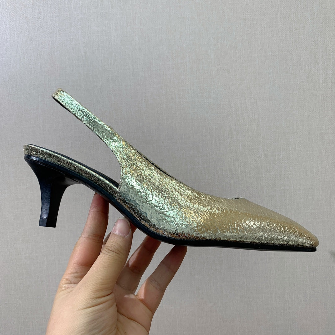 LP POINTED TOE MID-HEEL SLINGBACK METALLIC GOLD CALFSKIN