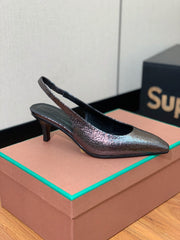 LP POINTED TOE MID-HEEL SLINGBACK DARK BROWN CALFSKIN