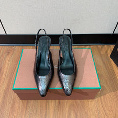 LP POINTED TOE MID-HEEL SLINGBACK DARK BROWN CALFSKIN