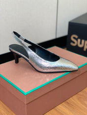 LP POINTED TOE MID-HEEL SLINGBACK SILVER CALFSKIN