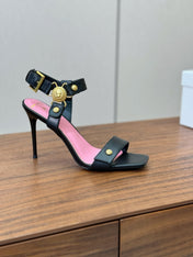 BALMAIN 25S HEELED EVA SANDALS 95MM IN BLACK AND PINK CALFSKIN