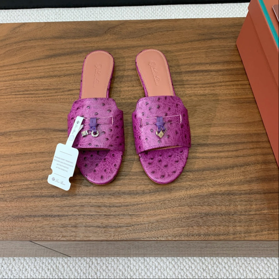 FLAT SLIPPERS IN PURPLE LAMBSKIN OSTRICH SKIN