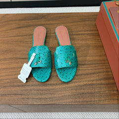 FLAT SLIPPERS IN TEAL GREEN LAMBSKIN OSTRICH SKIN