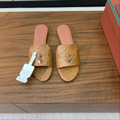 FLAT SLIPPERS IN LIGHT BROWN LAMBSKIN OSTRICH SKIN
