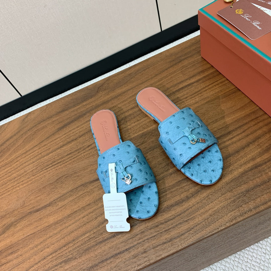 FLAT SLIPPERS IN LIGHT BLUE LAMBSKIN OSTRICH SKIN