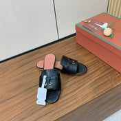 FLAT SLIPPERS IN BLACK LAMBSKIN OSTRICH SKIN