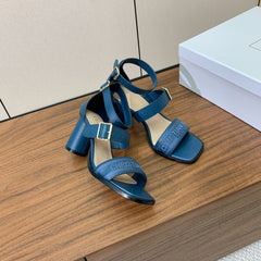 THREE-STRAP HIGH-HEELED EMBROIDERED SANDALS NAVY BLUE