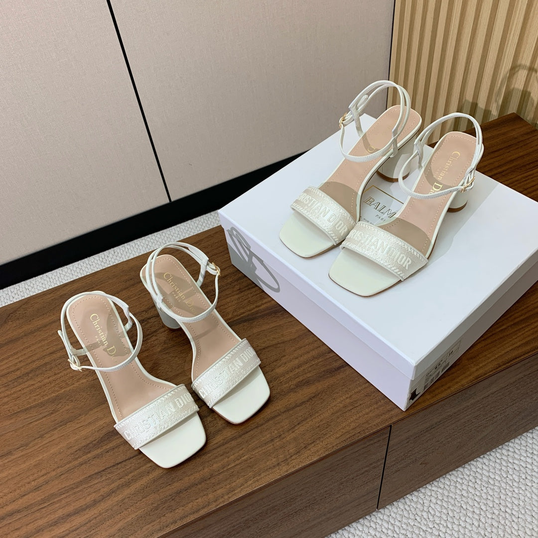 HIGH HEEL EMBROIDERED SANDAL IN WHITE CALFSKIN AND WOVEN STRAPS