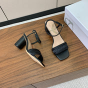 HIGH HEEL EMBROIDERED SANDAL IN BLACK CALFSKIN AND WOVEN STRAPS