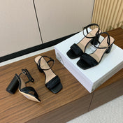 HIGH HEEL EMBROIDERED SANDAL IN BLACK CALFSKIN AND WOVEN STRAPS