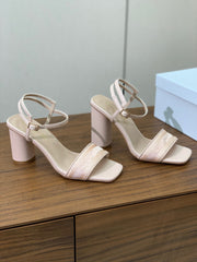 HIGH HEEL EMBROIDERED SANDAL IN LIGHT PINK CALFSKIN AND WOVEN STRAPS