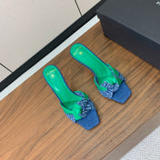 BALMAIN 25S HIGH HEEL MULES 95MM IN EMERALD GREEN DENIM AND CALFSKIN