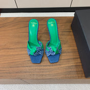 BALMAIN 25S HIGH HEEL MULES 95MM IN EMERALD GREEN DENIM AND CALFSKIN