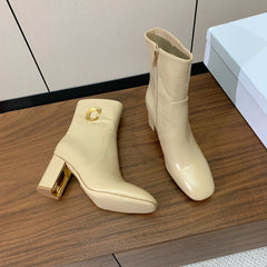 DIOR 25S ANKLE BOOTS 80 MM IN BEIGE CALFSKIN WITH GOLD HARDWARE