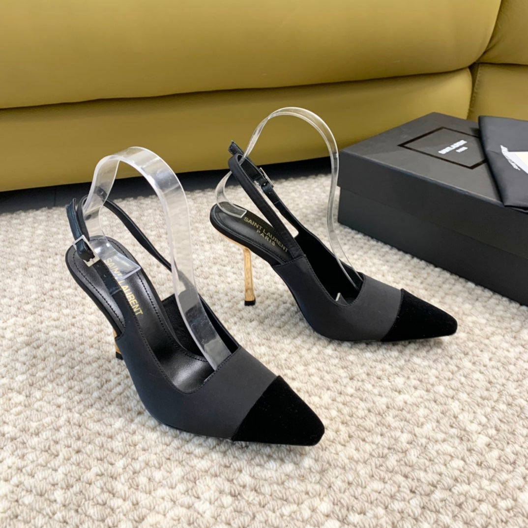 SL CAP-TOE SLINGBACKS BLACK SATIN AND VELVET