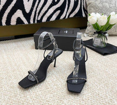 SL GEORGIA WHITE CRYSTAL SANDALS PUMP BLACK SATIN