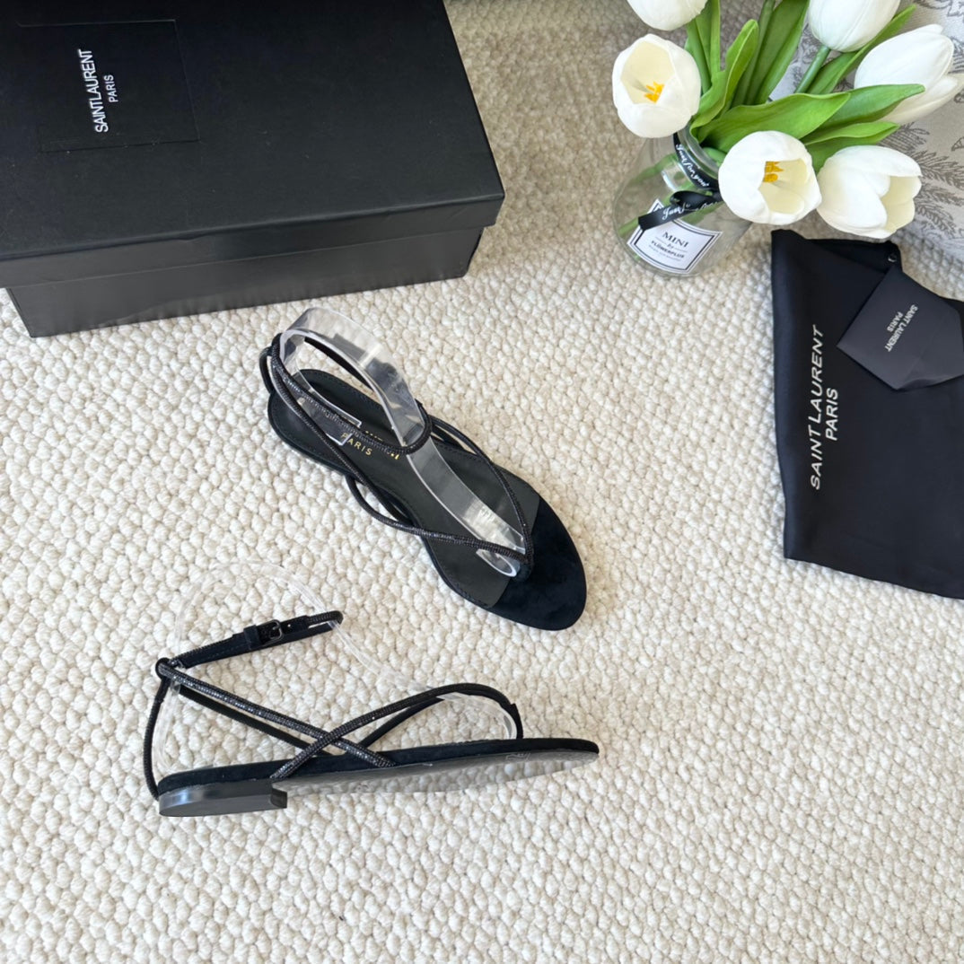 SL CRYSTAL FLAT SANDALS BLACK SUEDE