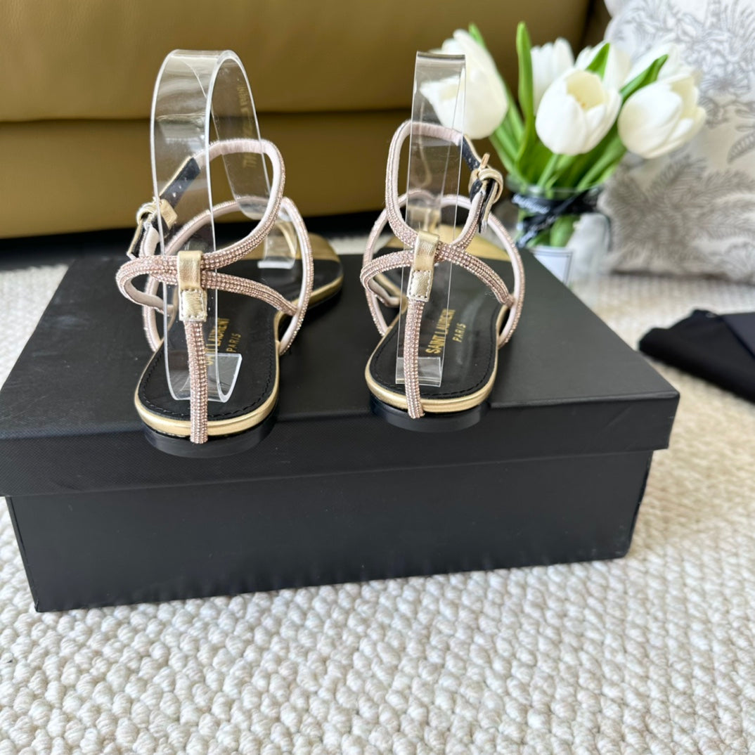 SL CRYSTAL FLAT SANDALS METALLIC GOLD CALFSKIN