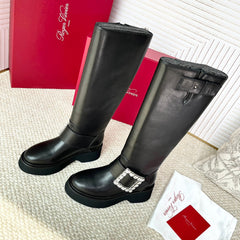 VIV' RANGERS HIGH BIKER IN BLACK CALFSKIN CRYSTAL BUCKLE