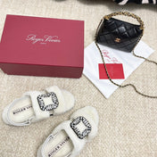 VIV' WINTER FUR STRASS BUCKLE SANDALS IN WHITE SHEEPSKIN