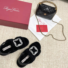 VIV' WINTER FUR STRASS BUCKLE SANDALS IN BLACK SHEEPSKIN