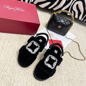 VIV' WINTER FUR STRASS BUCKLE SANDALS IN BLACK SHEEPSKIN