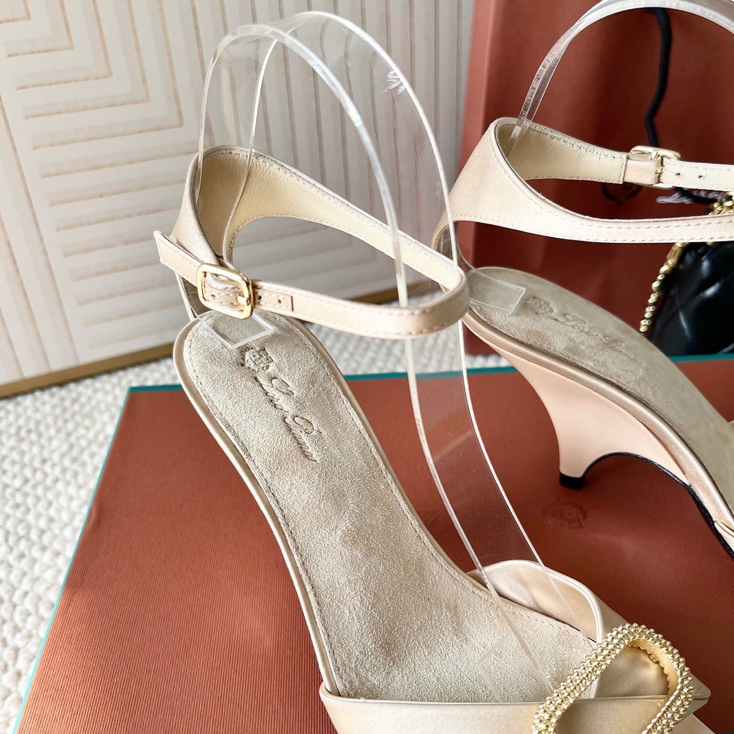 HIGH HEELS SANDALS 80 MM IN LIGHT BEIGE SATIN MIX SUEDE