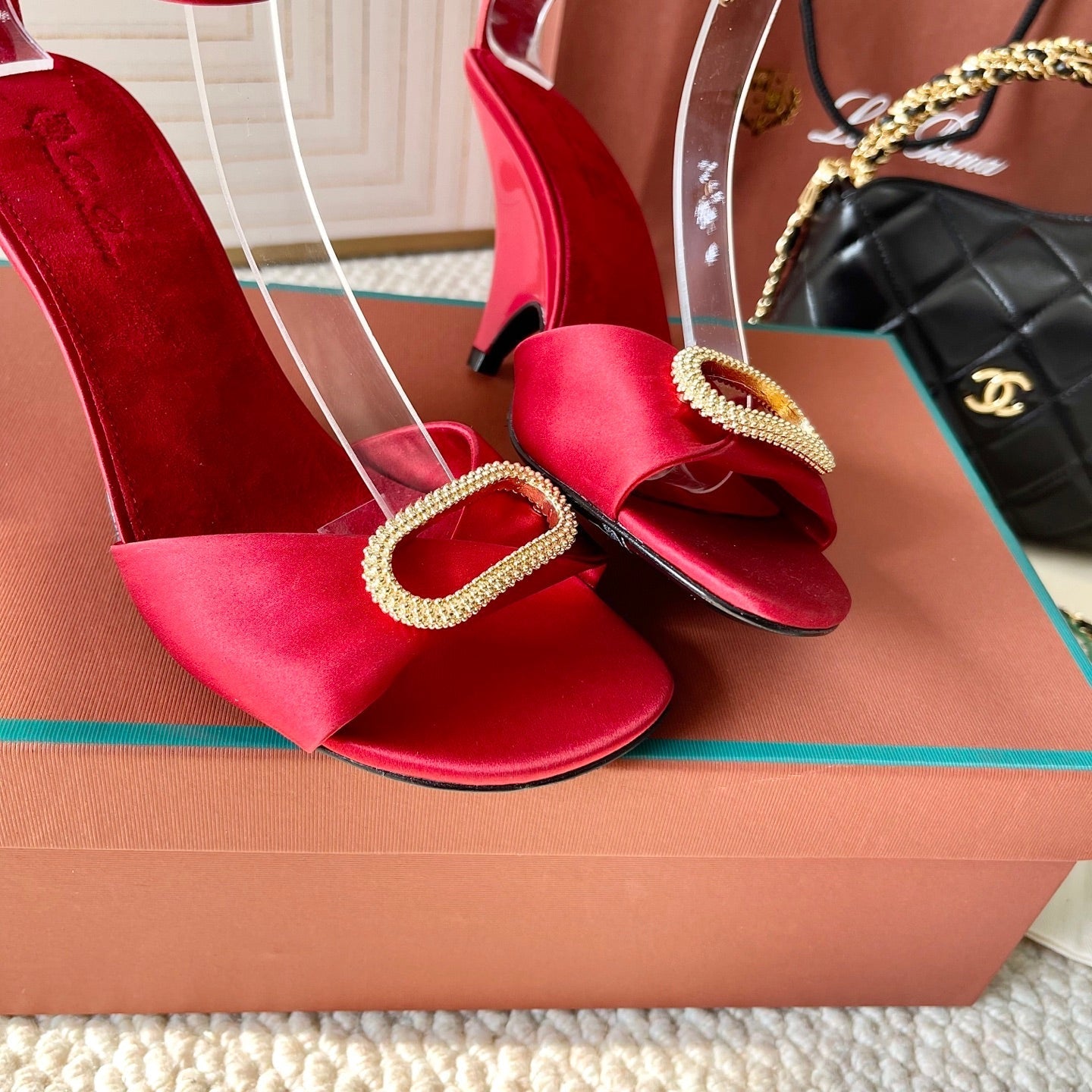 HIGH HEELS SANDALS 80 MM IN RED SATIN MIX SUEDE