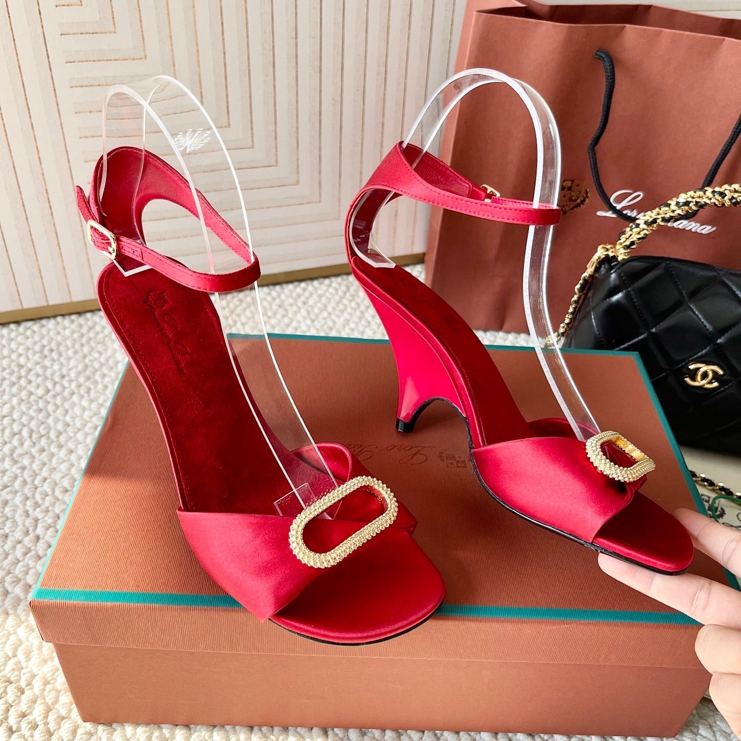 HIGH HEELS SANDALS 80 MM IN RED SATIN MIX SUEDE