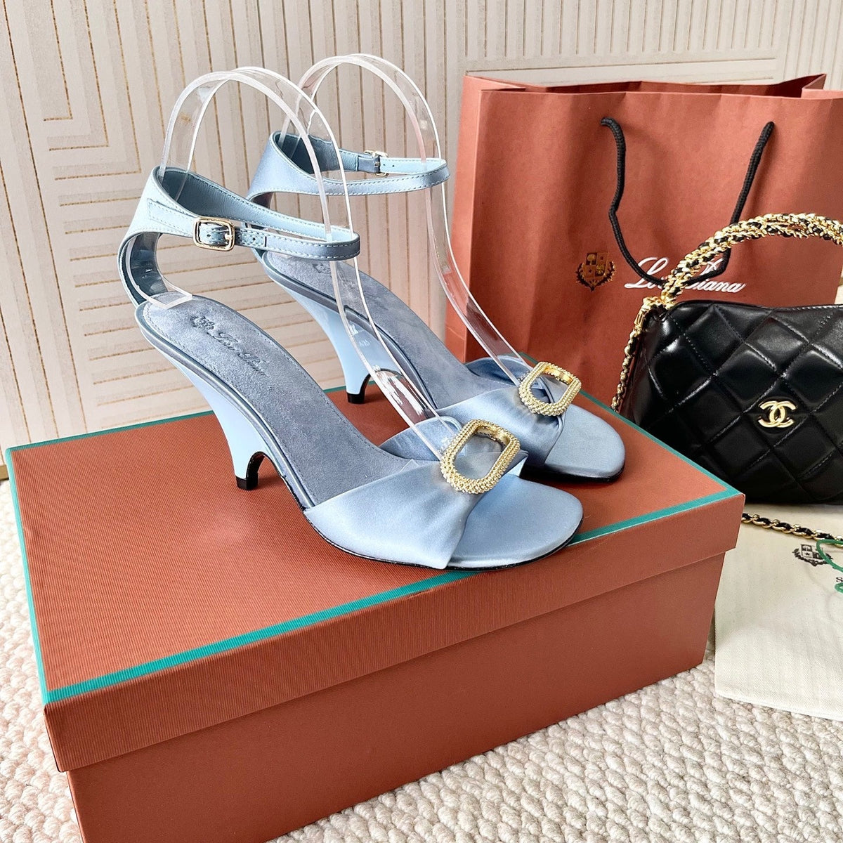 HIGH HEELS SANDALS 80 MM IN PASTEL BLUE SATIN MIX SUEDUE