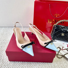 VLTN HIGH SLINGBACK 25S 40 MM IN SKY BLUE MIX NUDE LAMBSKIN WITH BOW
