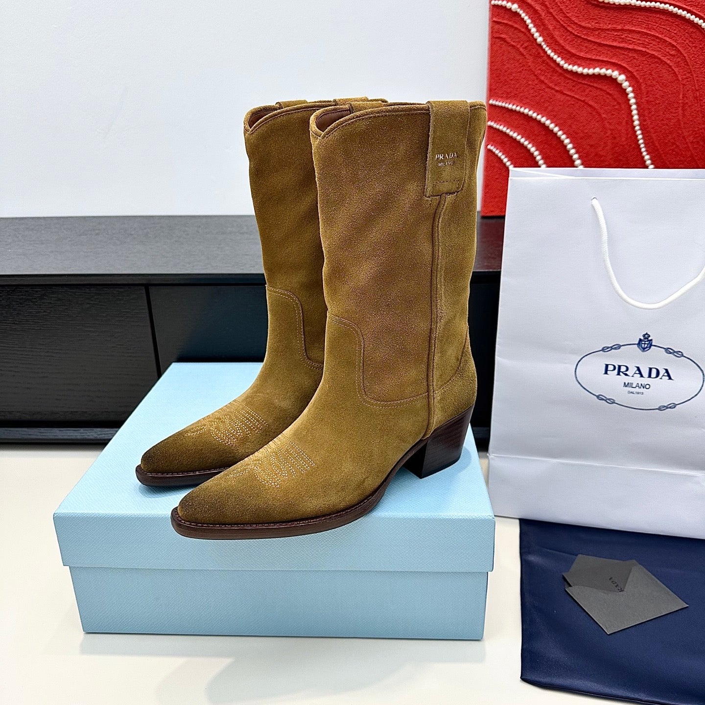 PRADA 25S POINTED-TOE LOW-CUT BOOTS IN CARAMEL BROWN SUEDE