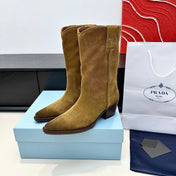PRADA 25S POINTED-TOE LOW-CUT BOOTS IN CARAMEL BROWN SUEDE