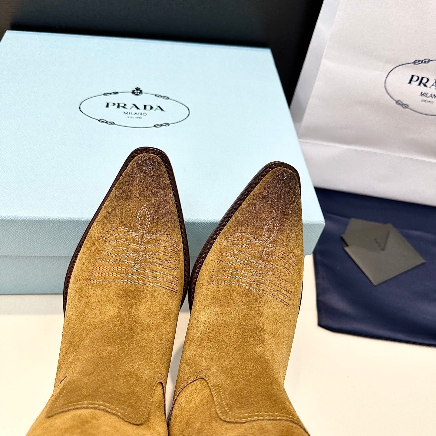 PRADA 25S POINTED-TOE LOW-CUT BOOTS IN CARAMEL BROWN SUEDE