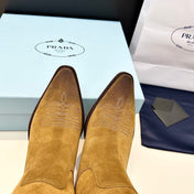 PRADA 25S POINTED-TOE LOW-CUT BOOTS IN CARAMEL BROWN SUEDE