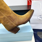 PRADA 25S POINTED-TOE LOW-CUT BOOTS IN CARAMEL BROWN SUEDE