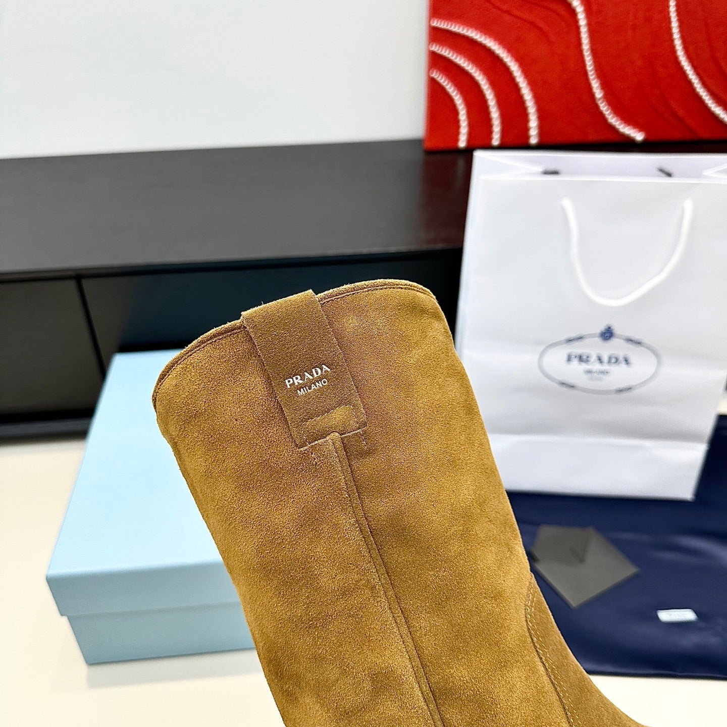 PRADA 25S POINTED-TOE LOW-CUT BOOTS IN CARAMEL BROWN SUEDE