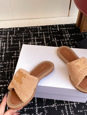 CELINE 26S TRIOMPHE FLAT SLIDES IN PEACH BEIGE WOOL