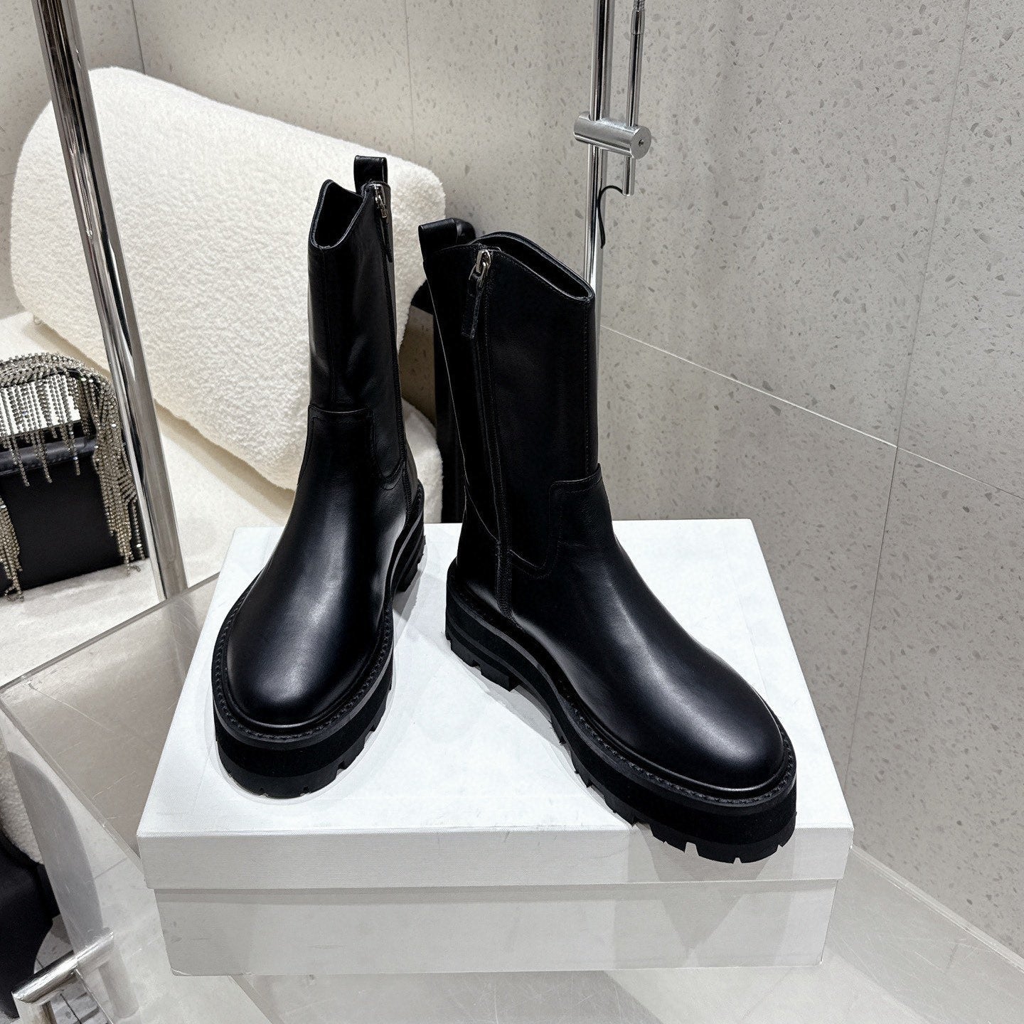 CELINE 26S ZIP-UP ANKLE BOOTS IN BLACK CALFSKIN