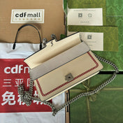 DYONYSUS SMALL SHOULDER BAG 25 IN BEIGE MIX RED CALFSKIN DRAGON LOGO PRINT