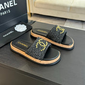 Double C Wood Grain Platform Slippers Black Wool