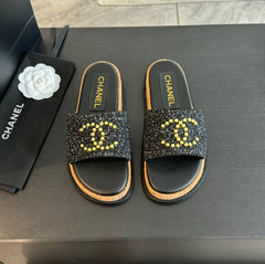Double C Wood Grain Platform Slippers Black Wool