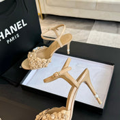 CC Little Camellia World Thin High Sandals Tan Brown Lambskin