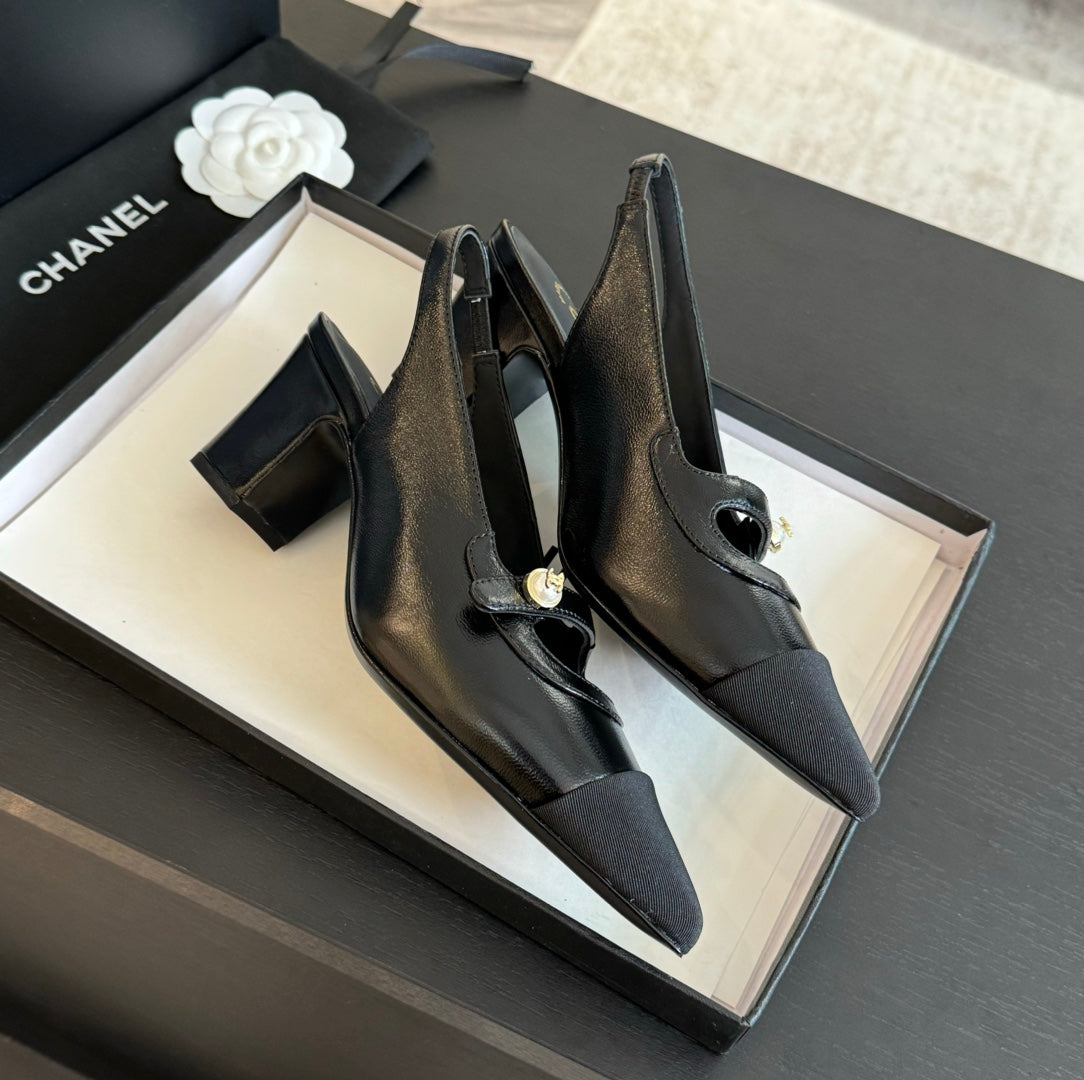 Double C WOMEN'S Slingback SPIRIT TOE Black Lambskin