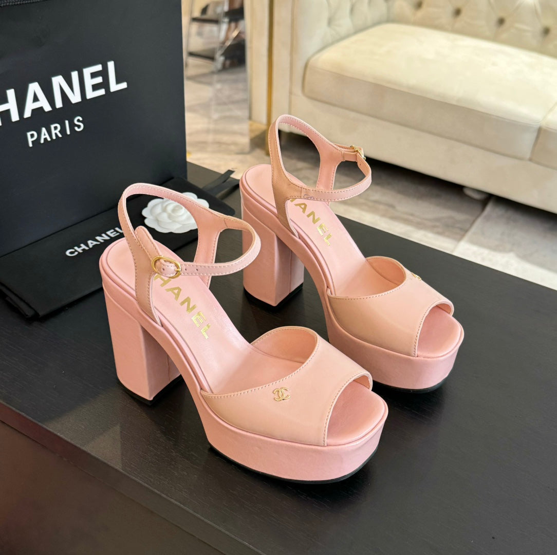 HIGH HEEL PLATFORM SANDALS IN PEACH PINK CALFSKIN